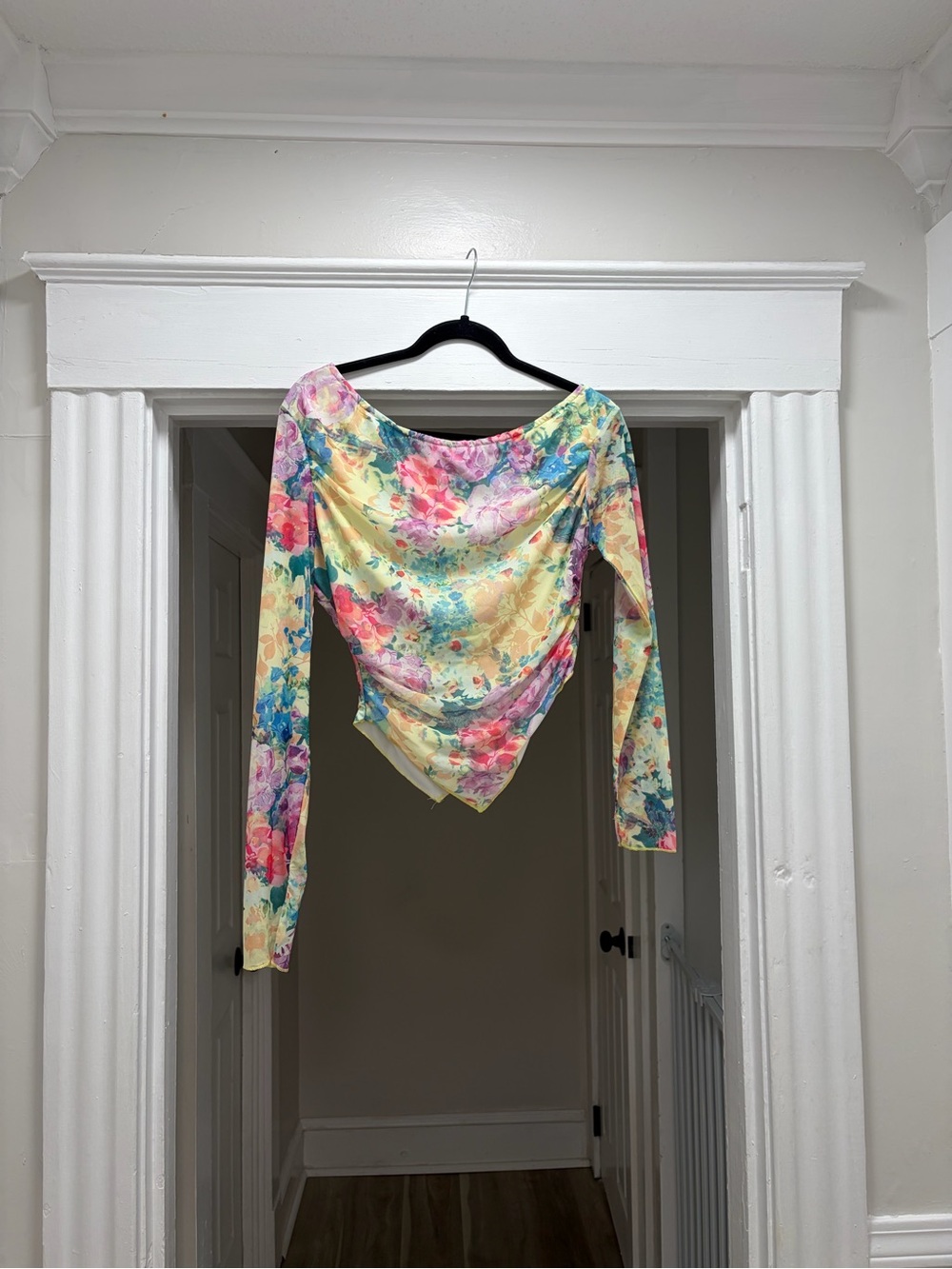 Pastel Floral Draped Long-Sleeve Blouse - Yellow